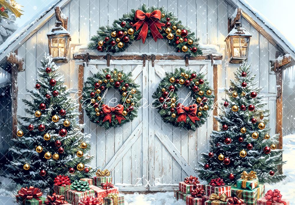 Kate Weihnachten Scheune Geschenke Kranz Hintergrund Entworfen von Mini MakeBelieve - Kate Backdrop.de