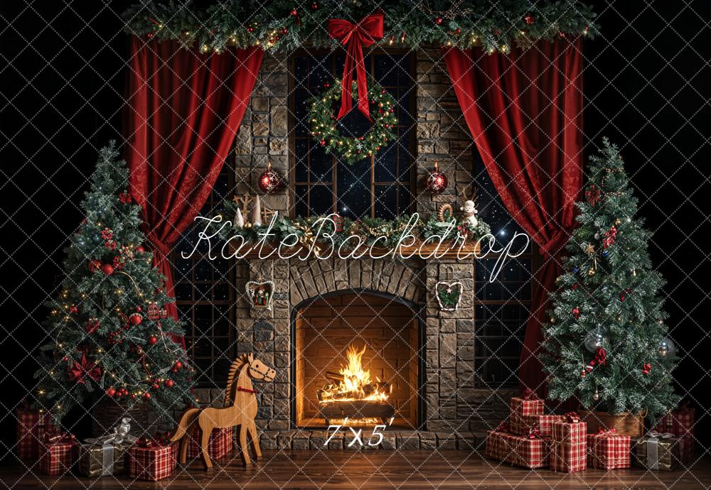 Kate Weihnachten Kamin Tannenbaum Rot Hintergrund Entworfen von Emetselch - Kate Backdrop.de