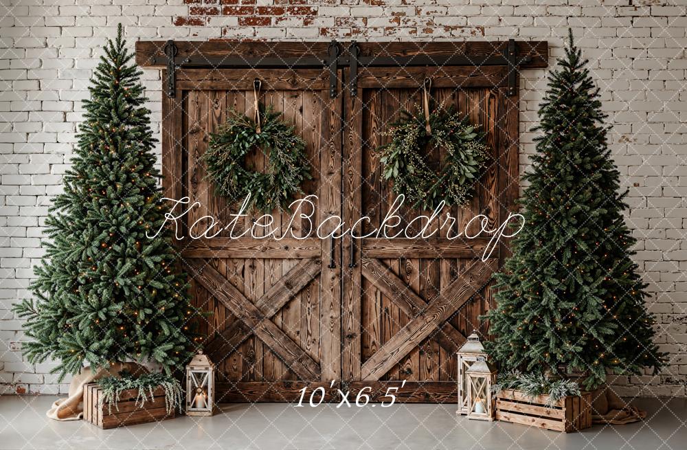Kate Weihnachten Tannenbäume Holztür Rustikal Fleece Hintergrund Entworfen von Emetselch - Kate Backdrop.de