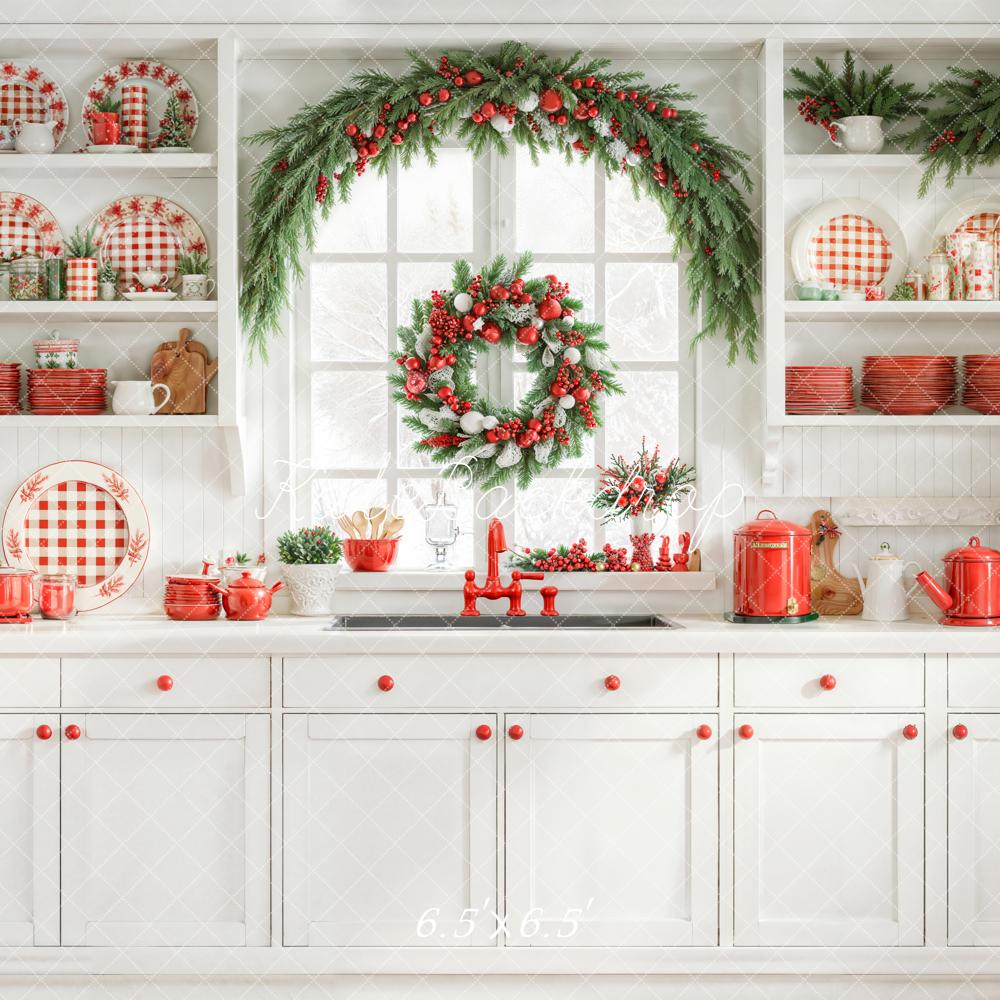 Kate Weihnachten Küche Kranz Rot Weiß Hintergrund Entworfen von Emetselch - Kate Backdrop.de