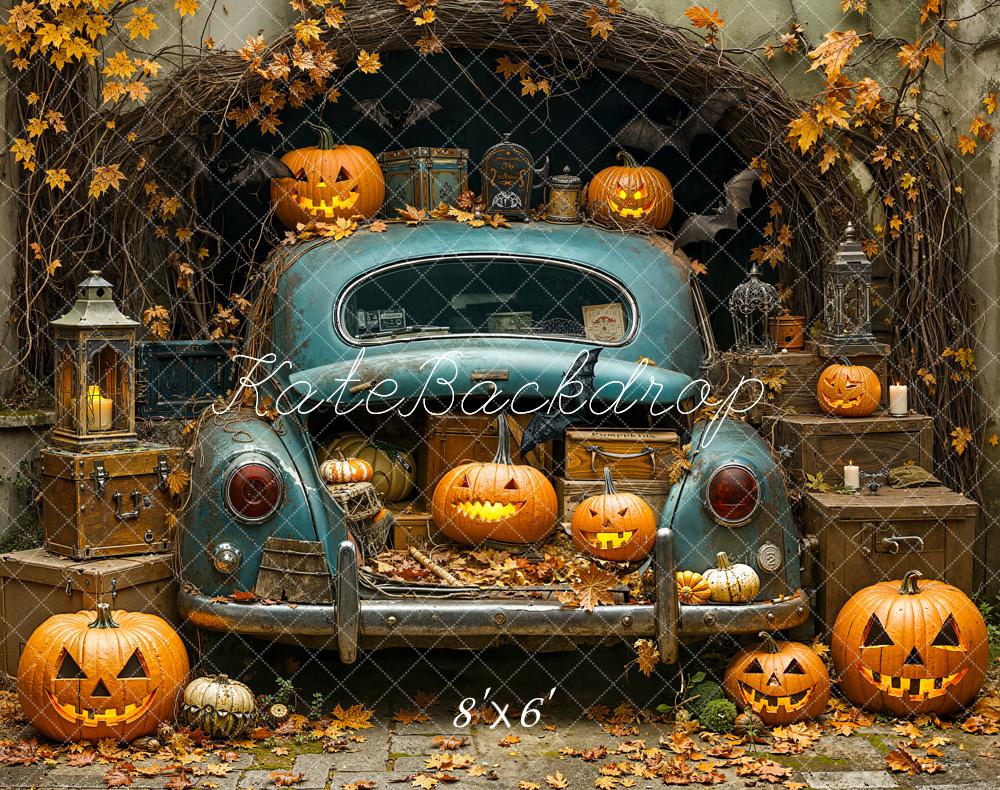 Kate Halloween Kürbisse Altes Auto Herbstlaub Fleece Hintergrund Entworfen von Emetselch - Kate Backdrop.de