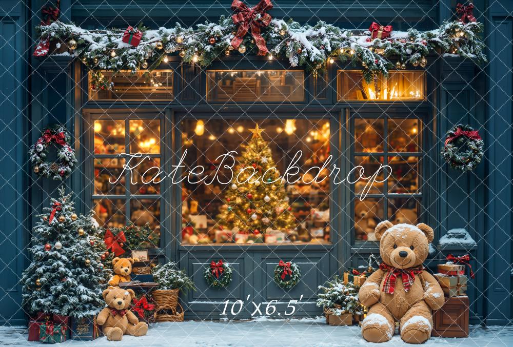 Kate Weihnachten Schaufenster Teddybären Schnee Fleece Hintergrund Entworfen von Chain - Kate Backdrop.de