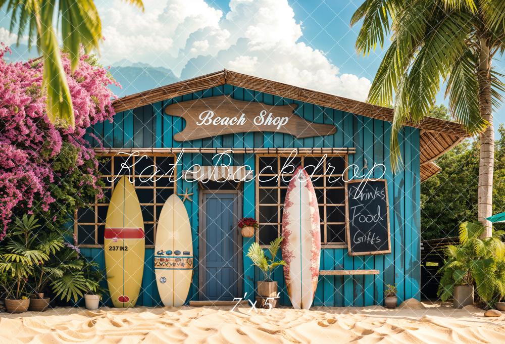 Kate Sommer Surfbretter Strandhaus Blau Hintergrund Entworfen von Emetselch - Kate Backdrop.de