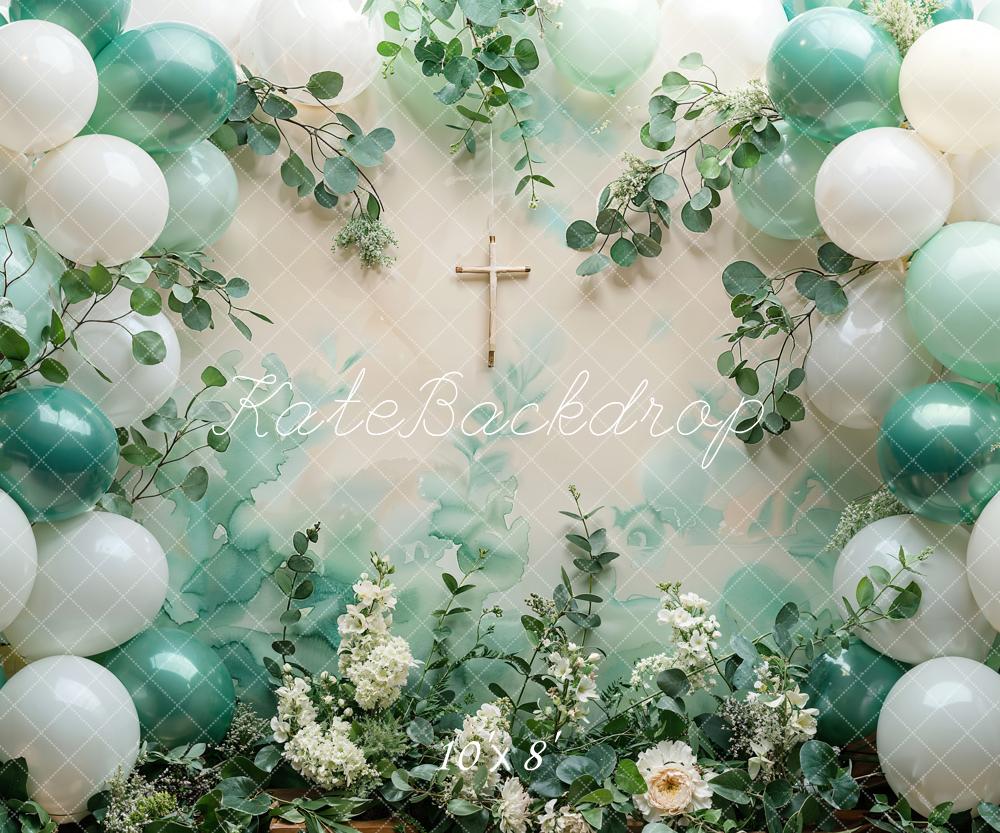 Kate Taufe Ballons Kreuz Grün Hintergrund Entworfen von Emetselch - Kate Backdrop.de