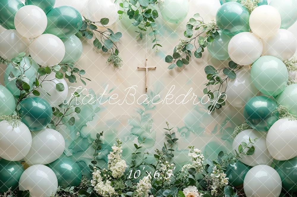 Kate Taufe Ballons Kreuz Grün Hintergrund Entworfen von Emetselch - Kate Backdrop.de