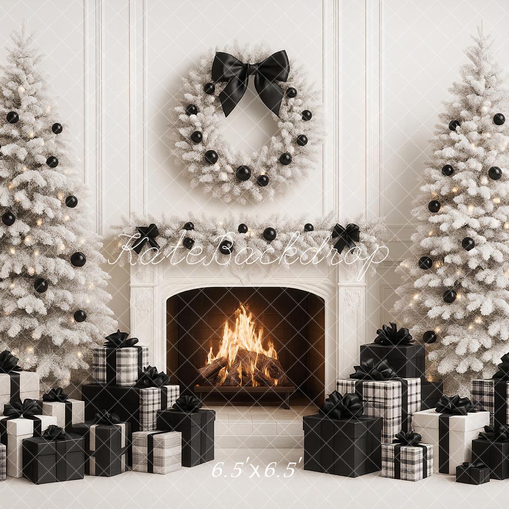 Kate Weihnachten Kamin Weiße Tannen Schwarz Weiß Hintergrund Entworfen von Ashley Paul - Kate Backdrop.de