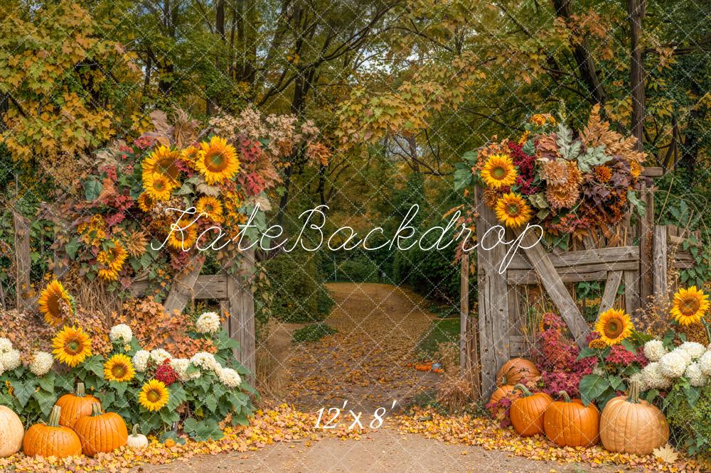 Kate Herbst Kürbis Sonnenblumen Holzzaun Fleece Hintergrund Entworfen von Emetselch - Kate Backdrop.de