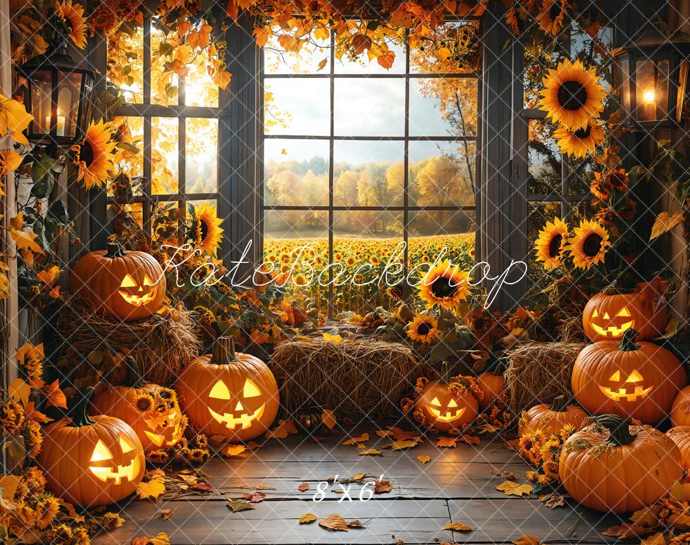 Kate Halloween Kürbisse Sonnenblumen Fenster Herbst Fleece Hintergrund Entworfen von Emetselch