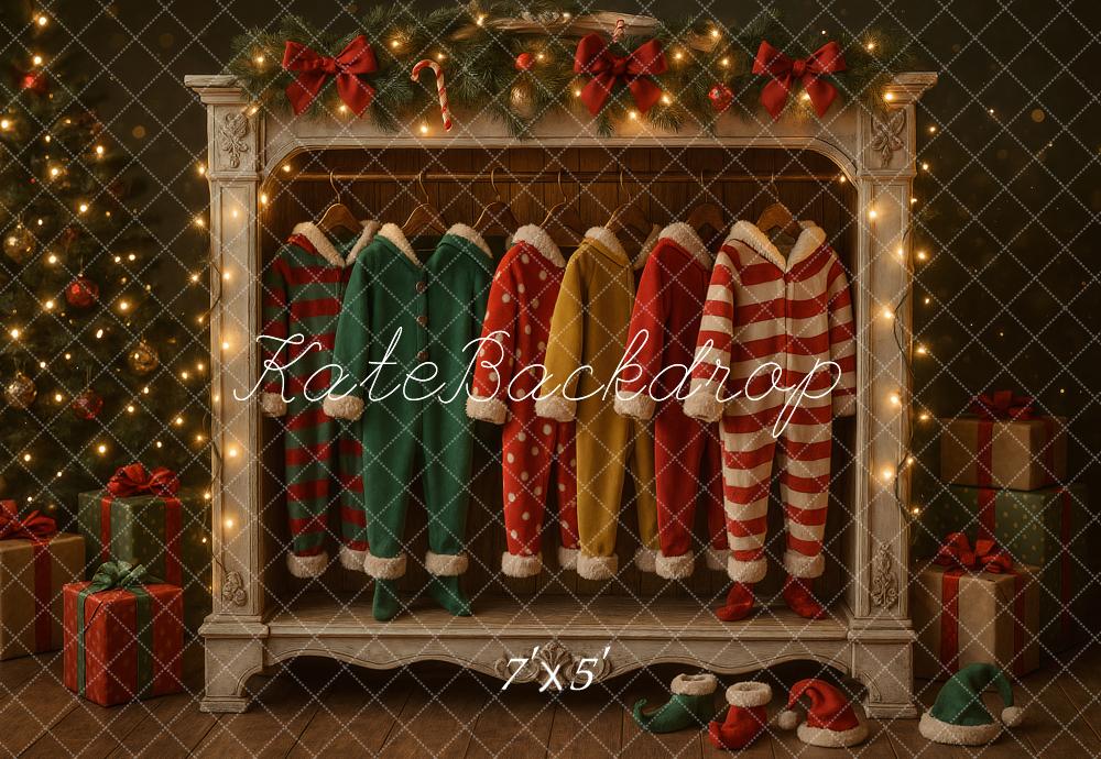 Kate Weihnachten Elfenkostüme Kamin Vintage Hintergrund Entworfen von Ashley Paul - Kate Backdrop.de