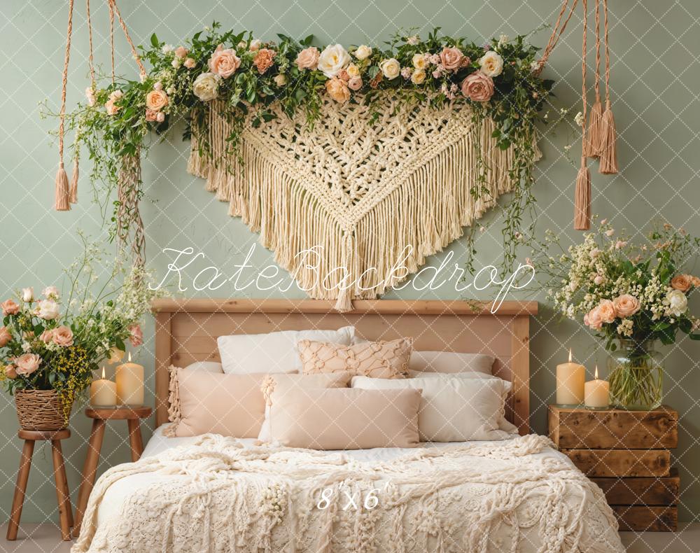 Kate Boho Schlafzimmer Blumen Grün Fleece Hintergrund Entworfen von Emetselch - Kate Backdrop.de