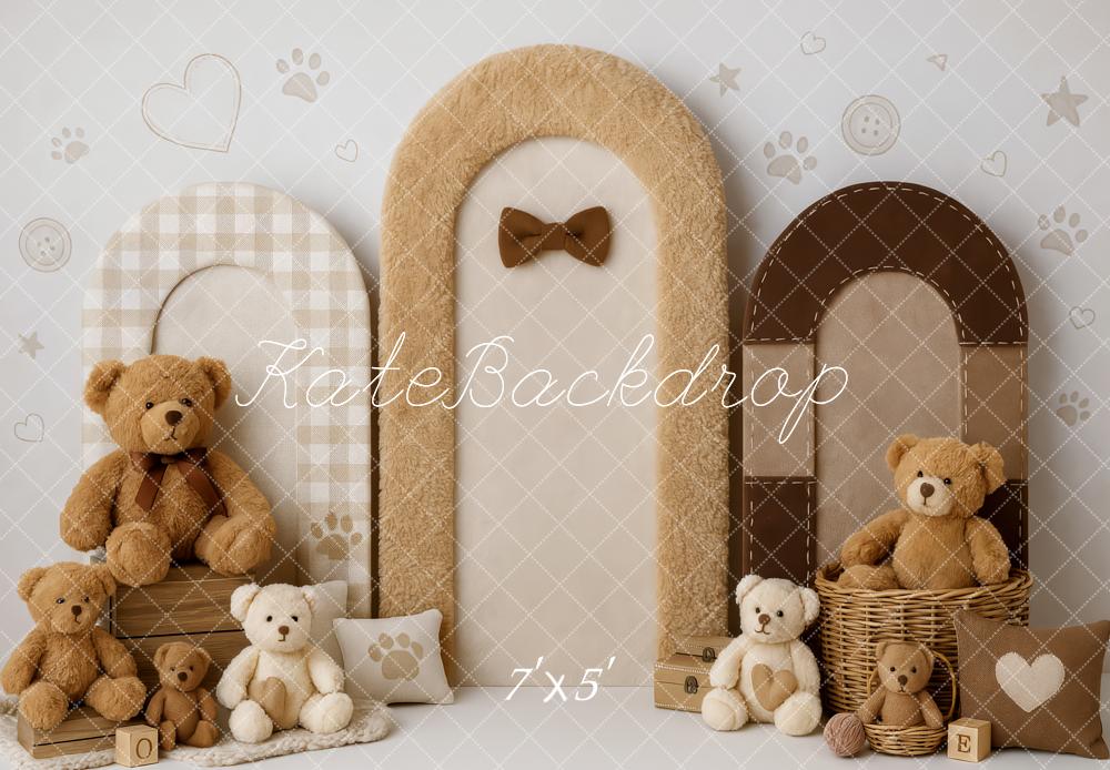 Kate Teddybär Plüschtiere Bögen Beige Hintergrund Entworfen von Patty Roberts - Kate Backdrop.de