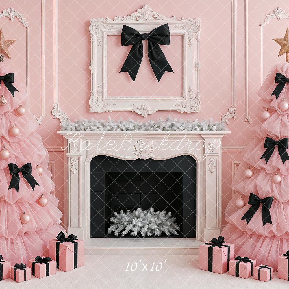 Kate Weihnachten Rosa Weihnachtsbäume Kamin Hintergrund Entworfen von Ashley Paul - Kate Backdrop.de