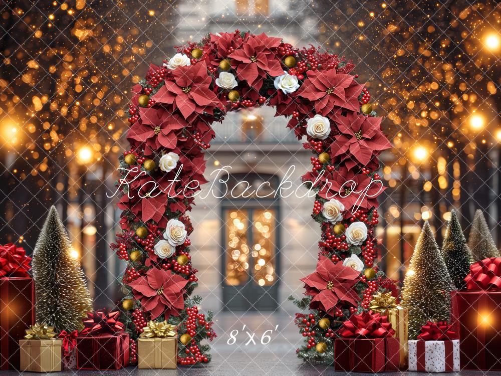 Kate Weihnachten Blumenbogen Geschenke Goldlicht Hintergrund Entworfen von Mini MakeBelieve - Kate Backdrop.de