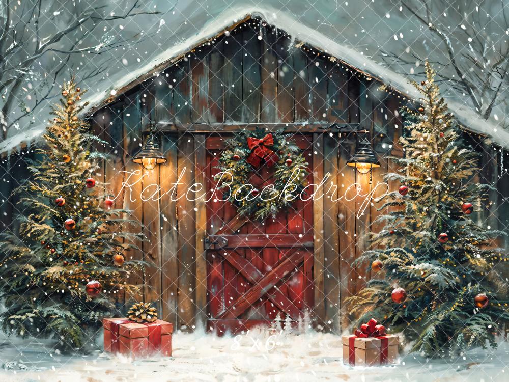 Kate Weihnachten Scheune Tannenbaum Schnee Hintergrund Entworfen von Chain