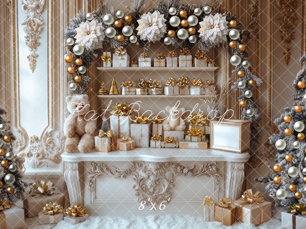 Kate Weihnachten Geschenke Festlich Gold Weiß Hintergrund Entworfen von Mini MakeBelieve - Kate Backdrop.de