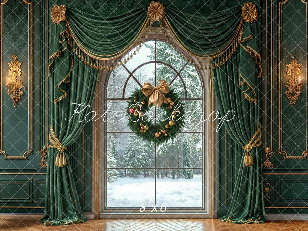 Kate Weihnachten Fenster Kranz Grün Fleece Hintergrund Entworfen von Emetselch - Kate Backdrop.de