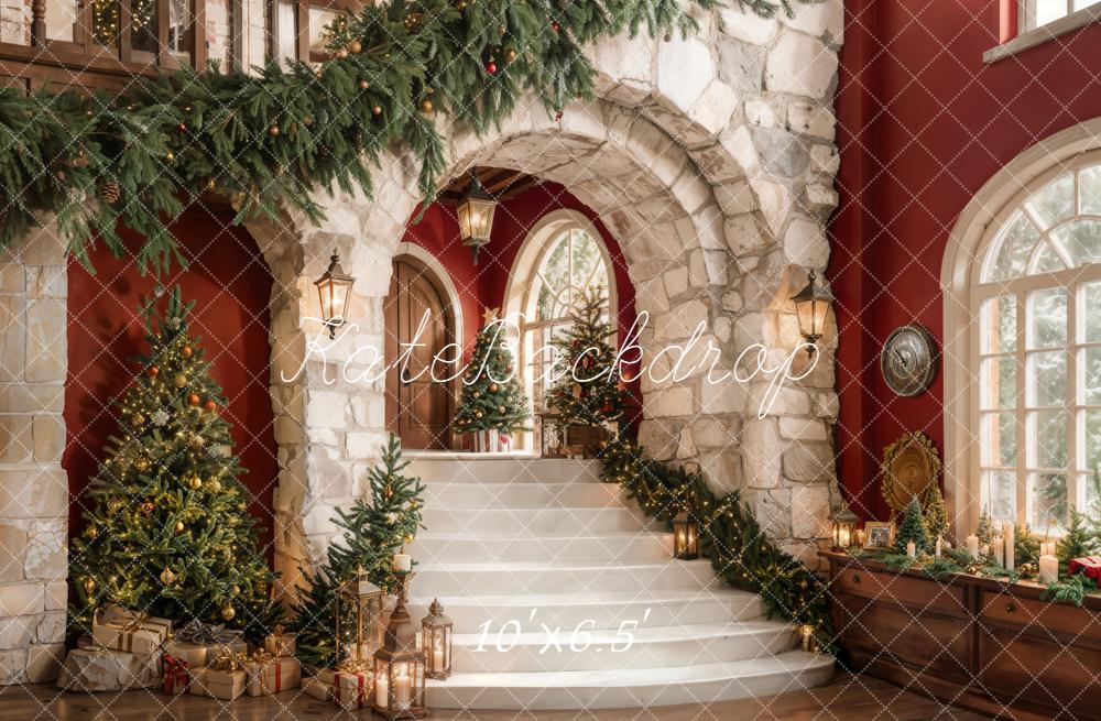 Kate Weihnachten Steintreppe Weihnachtsbaum Rot Hintergrund Entworfen von Emetselch - Kate Backdrop.de