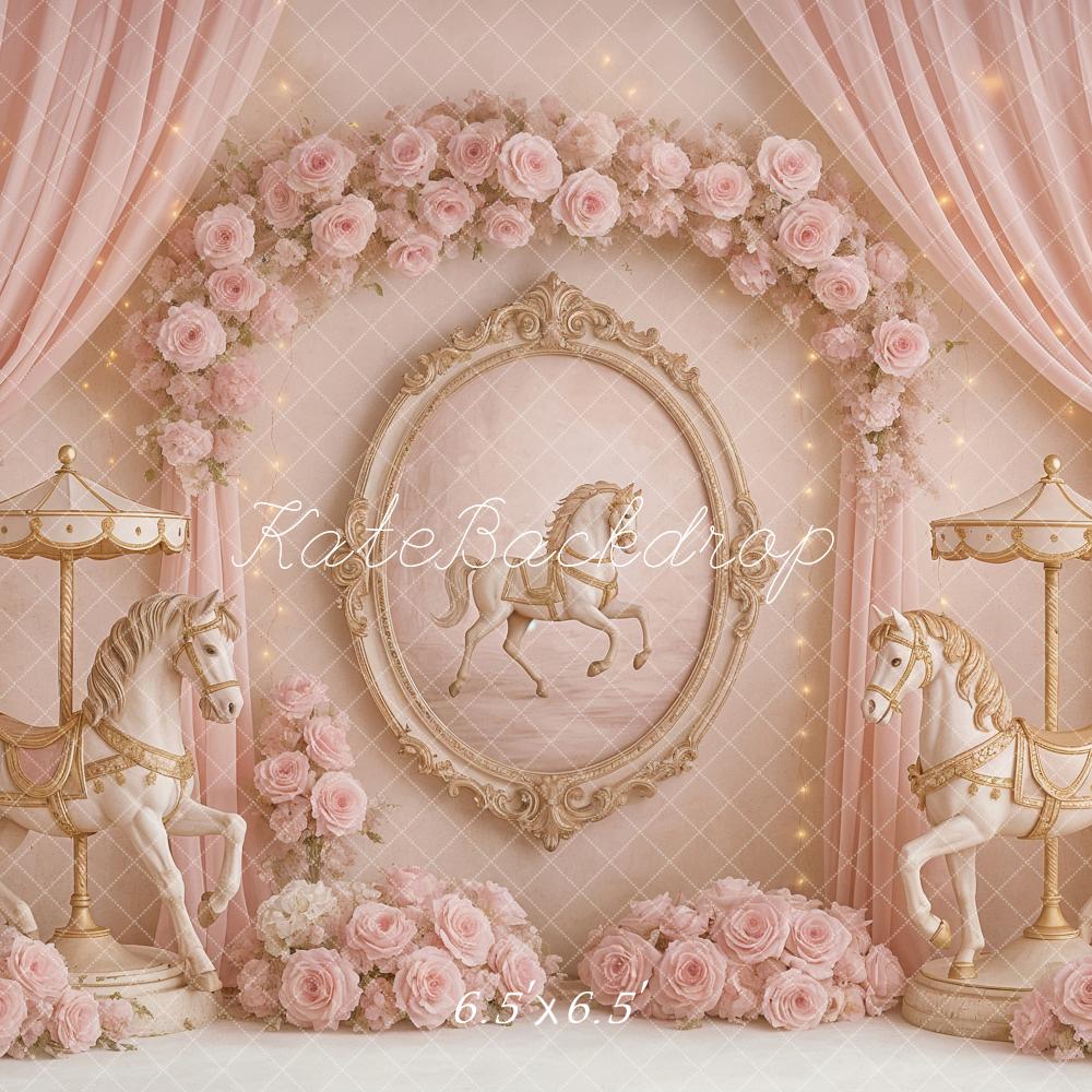 Kate Karussell Blumen Pferde Rosa Hintergrund Entworfen von Ashley Paul - Kate Backdrop.de