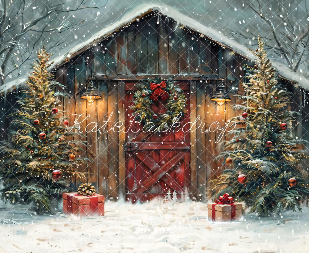 Kate Weihnachten Scheune Tannenbaum Schnee Hintergrund Entworfen von Chain