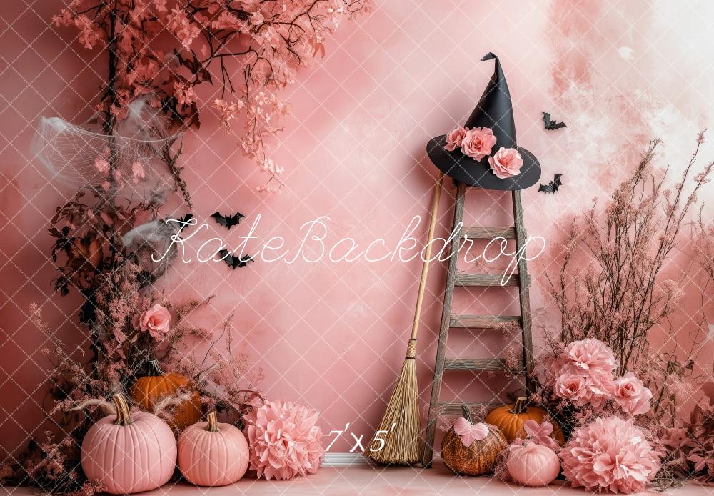 Kate Halloween Kürbis Hexenhut Blumen Rosa Hintergrund Entworfen von Patty Roberts - Kate Backdrop.de
