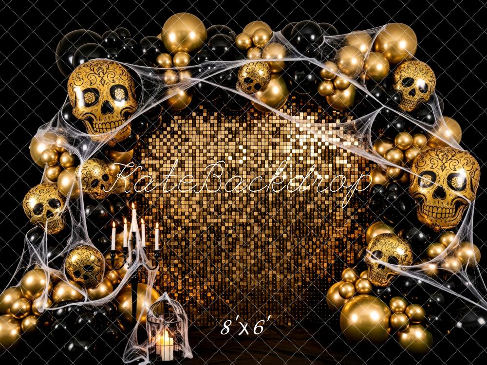 Kate Halloween Totenköpfe Ballons Gold Hintergrund Entworfen von Patty Roberts - Kate Backdrop.de