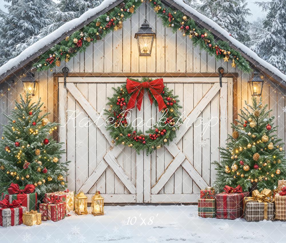 Kate Weihnachten Scheune Kranz Schnee Fleece Hintergrund Entworfen von Emetselch - Kate Backdrop.de