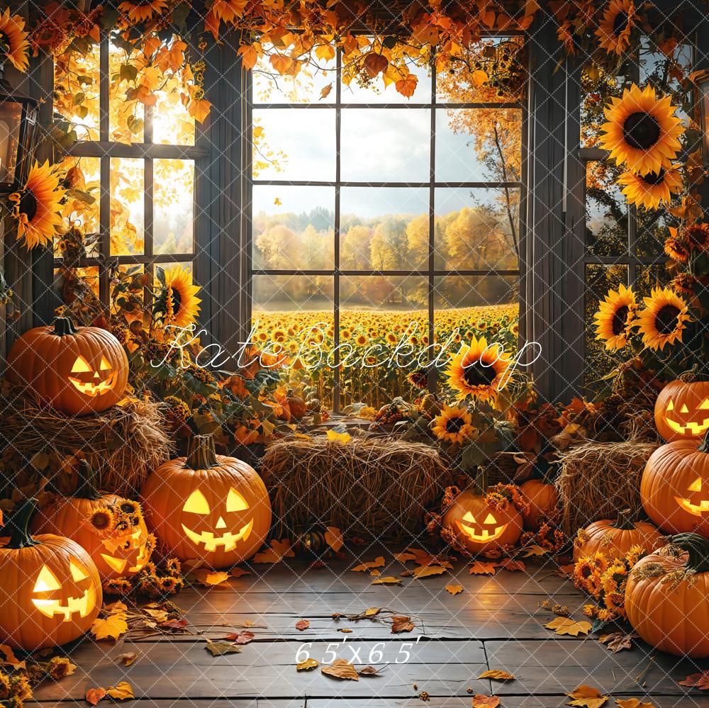 Kate Halloween Kürbisse Sonnenblumen Fenster Hintergrund Entworfen von Emetselch