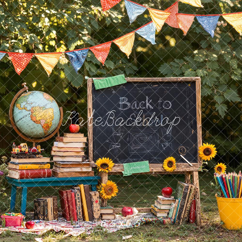 Kate Zurück Zur Schule Tafel Bücher Bunt Hintergrund Entworfen von Emetselch - Kate Backdrop.de
