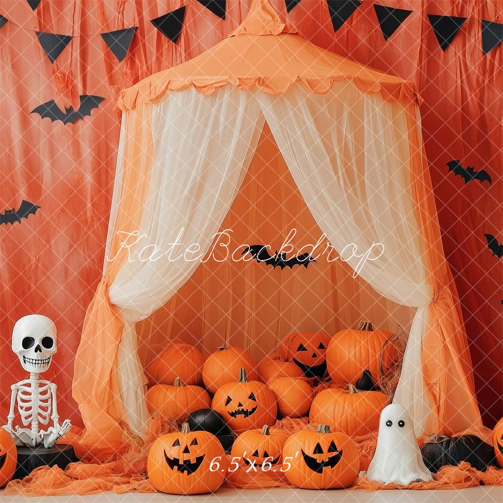 Kate Halloween Kürbisse Fledermäuse Orange Hintergrund Entworfen von Patty Roberts - Kate Backdrop.de