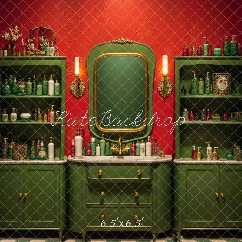 Kate Vintage Badezimmer Schränke Spiegel Rot Hintergrund Entworfen von Emetselch - Kate Backdrop.de