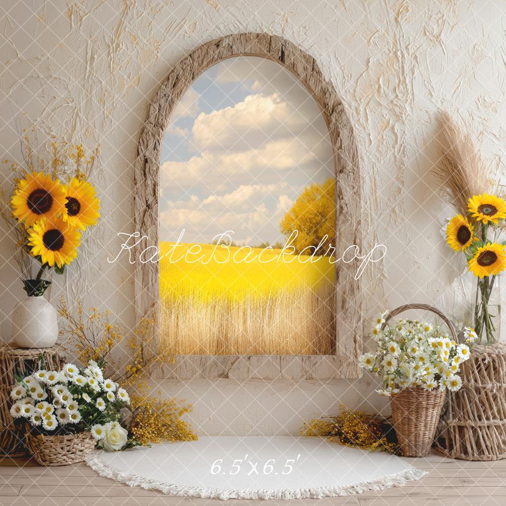 Kate Sommer Sonnenblumen Fenster Landhausstil Hintergrund Entworfen von Mini MakeBelieve - Kate Backdrop.de