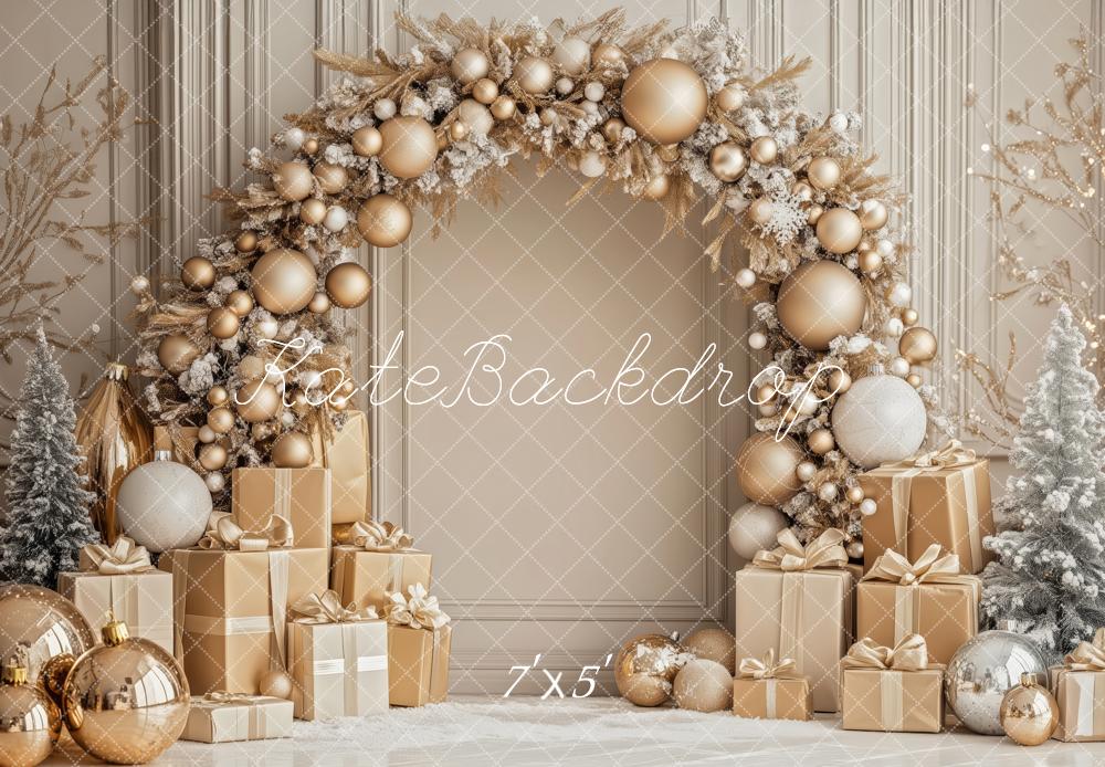 Kate Weihnachten Blumenbogen Geschenke Gold Hintergrund Entworfen von Patty Roberts - Kate Backdrop.de