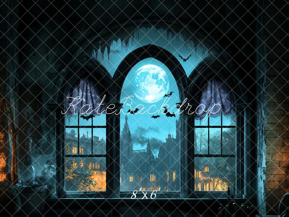 Kate Halloween Fenster Mond Fledermäuse Blau Hintergrund Entworfen von Emetselch