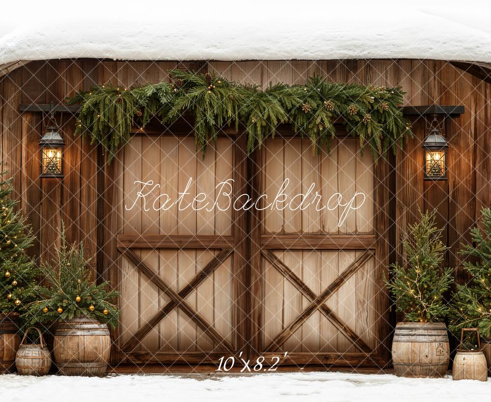 Kate Weihnachten Scheune Tannenbäume Holz Braun Fleece Hintergrund Entworfen von Emetselch - Kate Backdrop.de