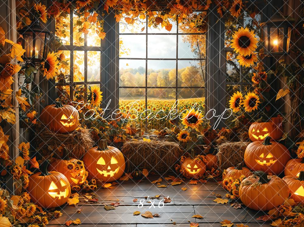 Kate Halloween Kürbisse Sonnenblumen Fenster Hintergrund Entworfen von Emetselch