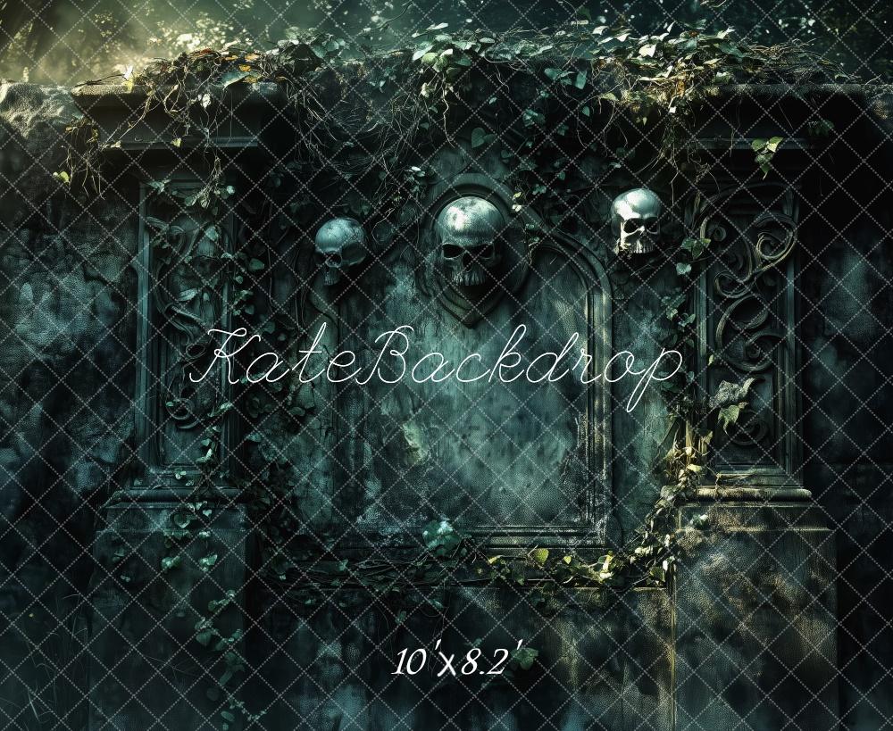 Kate Halloween Schädel Steinwand Dunkel Hintergrund Entworfen von Patty Roberts - Kate Backdrop.de