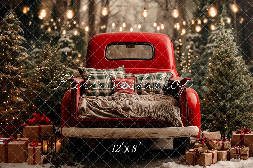 Kate Weihnachten Roter Pickup Tannenbäume Wald Fleece Hintergrund Entworfen von Emetselch - Kate Backdrop.de