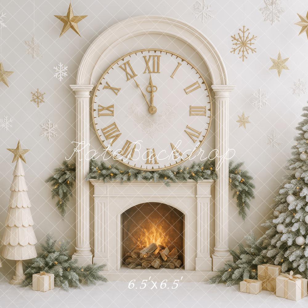 Kate Weihnachten Kamin Uhr Tannenbaum Gold Hintergrund Entworfen von Patty Roberts - Kate Backdrop.de