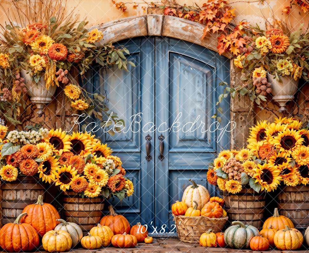 Kate Herbst Kürbis Sonnenblumen Blaue Tür Hintergrund Entworfen von Emetselch - Kate Backdrop.de