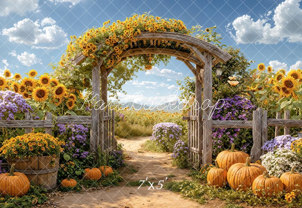 Kate Herbst Kürbisse Sonnenblumen Holztor Hintergrund Entworfen von Emetselch - Kate Backdrop.de