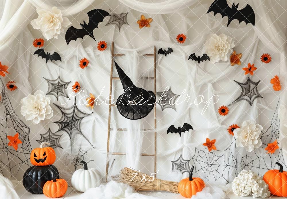 Kate Halloween Kürbisse Spinnweben Fledermäuse Hintergrund Entworfen von Patty Roberts - Kate Backdrop.de
