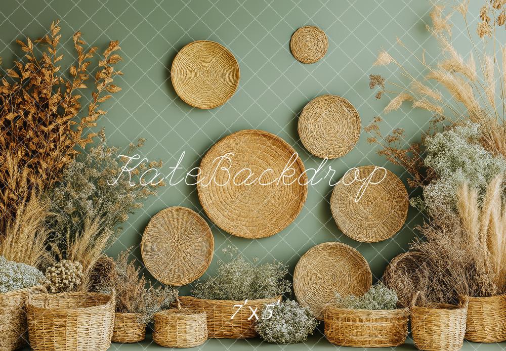 Kate Boho Rattan Körbe Trockenblumen Hintergrund Entworfen von Patty Roberts - Kate Backdrop.de