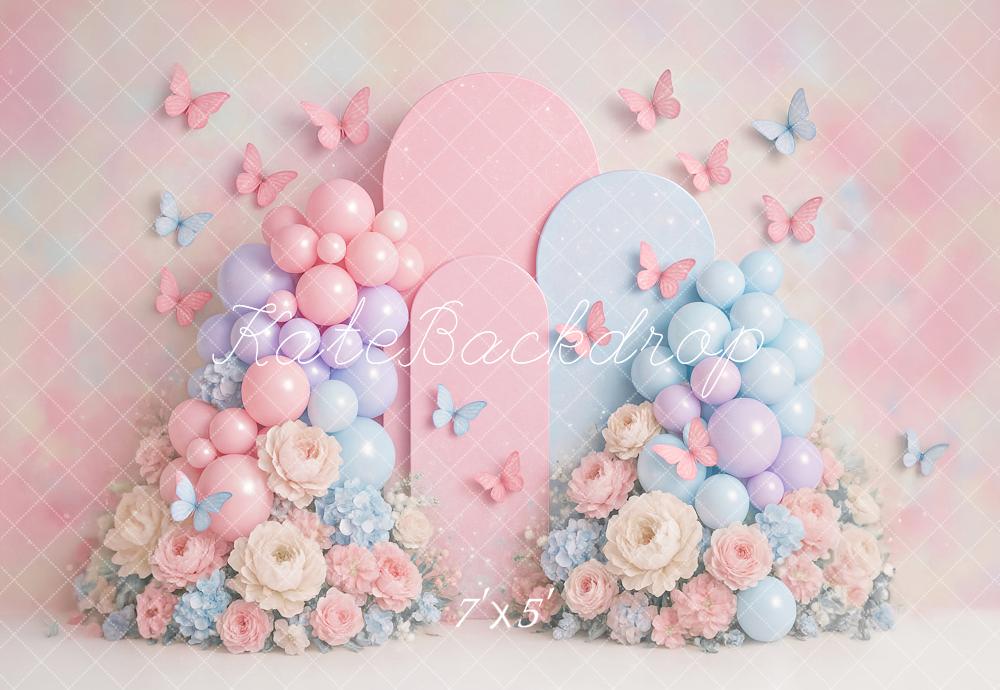 Kate Geburtstag Ballons Blumen Schmetterlinge Pastell Hintergrund Entworfen von Ashley Paul - Kate Backdrop.de