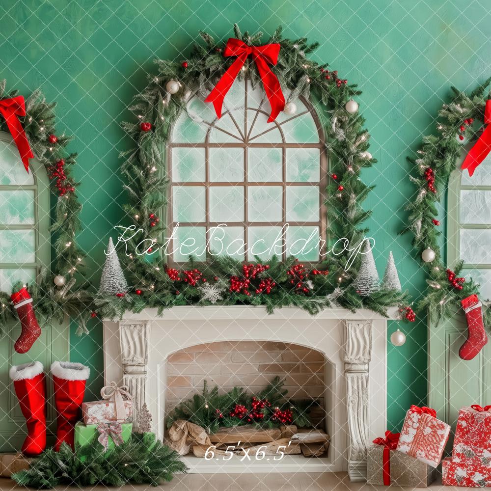 Kate Weihnachten Kamin Fenster Girlande Grün Hintergrund Entworfen von Patty Roberts - Kate Backdrop.de