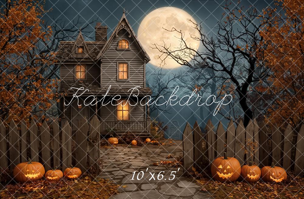 Kate Halloween Spukhaus Kürbis Vollmond Fleece Hintergrund Entworfen von Emetselch - Kate Backdrop.de