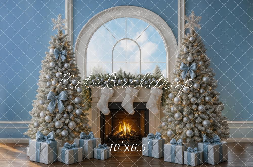 Kate Weihnachten Kamin Weihnachtsbäume Blau Hintergrund Entworfen von Mini MakeBelieve - Kate Backdrop.de