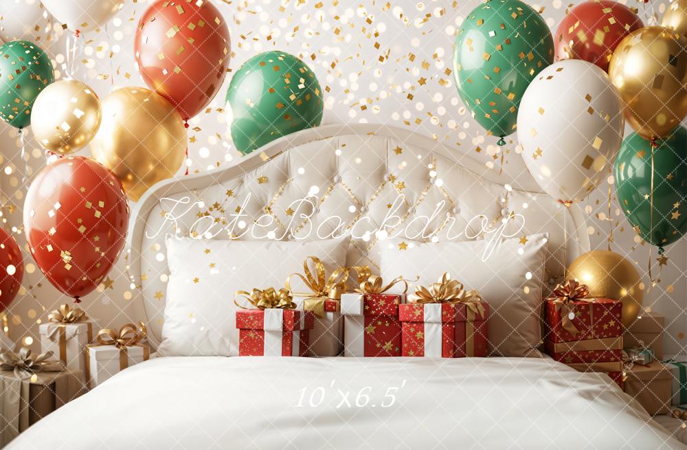 Kate Weihnachten Ballons Geschenke Weiß Gold Fleece Hintergrund Entworfen von Emetselch - Kate Backdrop.de