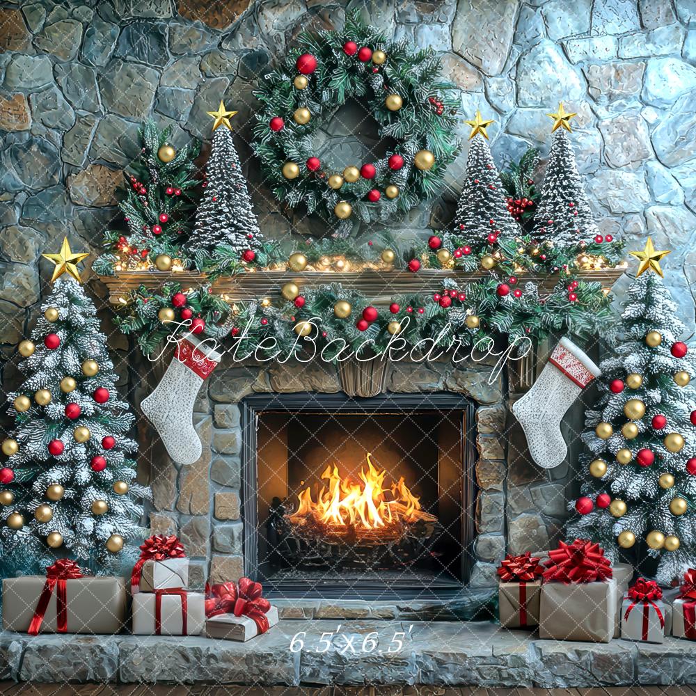 Kate Weihnachten Kamin Tannenbaum Stein Hintergrund Entworfen von Mini MakeBelieve - Kate Backdrop.de