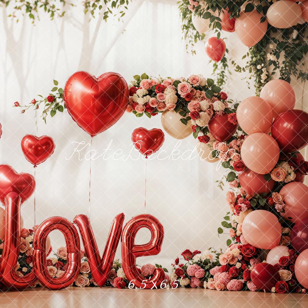 Kate Valentinstag Herzballons Blumenbogen Rot Hintergrund Entworfen von Emetselch