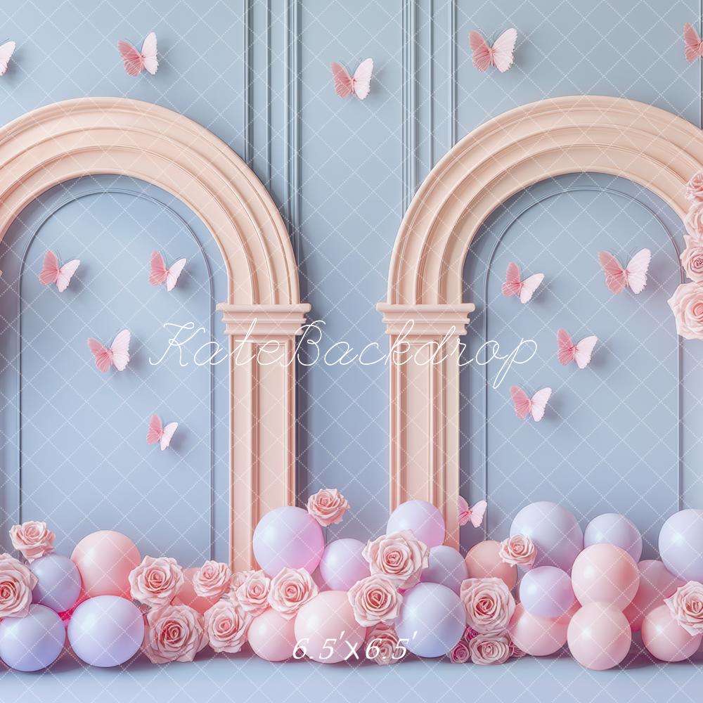 Kate Geburtstag Bögen Ballons Schmetterlinge Pastell Hintergrund Entworfen von Mini MakeBelieve - Kate Backdrop.de